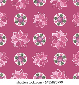 Stylized modern floral seamless pattern with alternating motifs in a grid layout. Red violet background with pinks, off white and green. Pretty all over print, great for textiles, fashion. Vector.