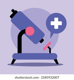 Stylized modern microscope displayed against purple background. Advancement in medical research and diagnostics concept
