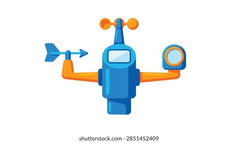 A stylized, modern robot character designed as a weather station, featuring an anemometer with wind vane and cups, a rain gauge, and a barometric pressure sensor. The robot is depicted in a clean, vib