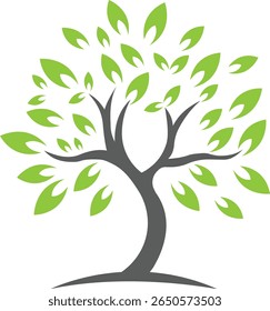 A stylized, modern tree logo with a dark gray trunk and branches, adorned with vibrant green leaves. The design is clean and minimalist, perfect for representing growth, nature, or environmental theme