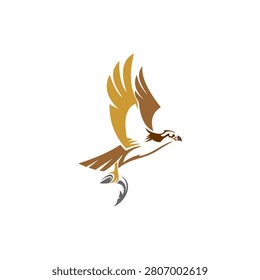 A stylized, modern vector illustration of an osprey (or bird of prey) in flight while carrying a fish, representing nature, wildlife, hunting, marine life, and outdoor adventure.
