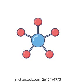 Representação de molécula estilizada com um átomo azul central ligado a átomos vermelhos. Estilo de design gráfico plano em um plano de fundo branco.