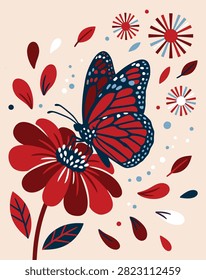 A stylized monarch butterfly with red, blue, and white markings rests on a large red flower. Abstract red and blue shapes and dots surround the scene.