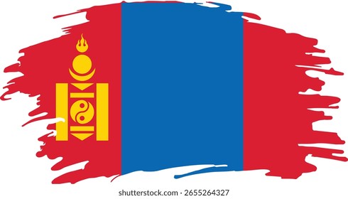 Una bandera estilizada de Mongolia con un efecto angustiado y pintado con rayas rojas, azules y rojas de Vertical, con un símbolo de Soyombo en amarillo en la franja roja izquierda. Ideal para diseños patrióticos, culturales 