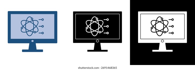 Monitor estilizado exibindo um símbolo de rede atômica representando processamento de dados e computação científica. Perfeito para ciência da computação, inteligência artificial, aprendizagem de máquina, etc.