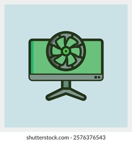 A stylized monitor icon with a prominent fan displayed on its green screen, against a light blue background