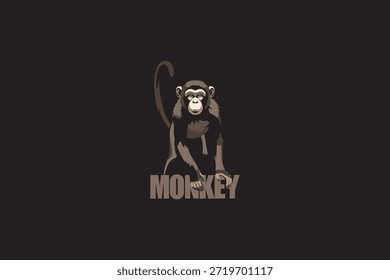 Ilustração de macaco estilizado de pé com cauda levantada, design vetorial plano moderno com formas arrojadas e tons escuros, adequado para logotipo, mascote, vida selvagem, tema animal, isolado no fundo preto.