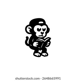 A stylized monkey wearing a cap, holding a book
