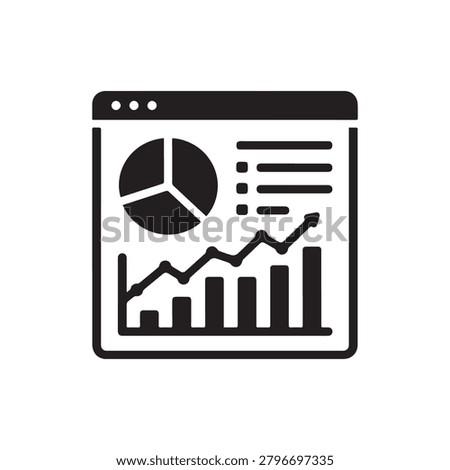 A stylized, monochromatic illustration of a computer screen displaying key business analytics. The screen shows a pie chart, bar graph, line graph, and a document icon, all rendered in bold black agai.