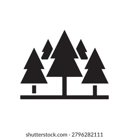 A stylized, monochromatic illustration featuring five pine trees in a minimalist design, rendered in solid black against a plain white background. The trees vary in height and shape, with a central tr.
