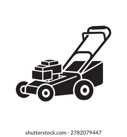 A stylized, monochromatic illustration of a self-propelled lawn mower with a grass collection box filled with cut grass. The image uses bold black lines and shading on a white background, giving it a .