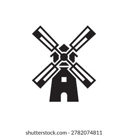 A stylized, monochromatic illustration of a traditional windmill featuring four blades extending from a central hub, mounted on a dark, textured base with an arched doorway. The design uses bold black.