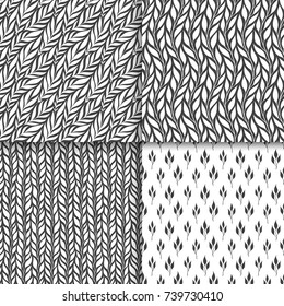 Ramas blancas y negras monocromas estilizadas y deja un conjunto de patrones sin fisuras. Texturas universales naturales. Fondo decorativo ornamental floral dibujado a mano. Ilustración del vector