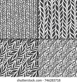 Ramas blancas y negras monocromas estilizadas y deja un conjunto de patrones sin fisuras. Texturas universales naturales. Fondo decorativo ornamental floral dibujado a mano. Ilustración del vector