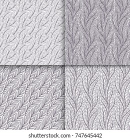 Stylized monochrome black and white branches and leaves seamless pattern set. Nature universal textures. Hand drawn decorative floral ornamental background. Vector illustration