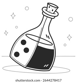 A stylized monochrome drawing depicts a potion bottle filled with a dark liquid, sealed with a cork, sitting on a surface with a sparkling background.
