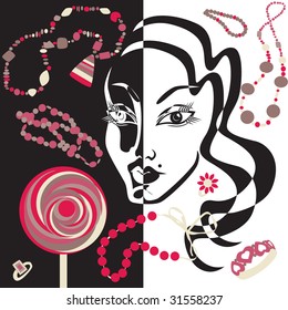 Stylized monochrome feminine face on background varicolored beads and caramels