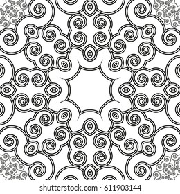 Stylized monochrome floral pattern of spirals. Black and white geometric pattern