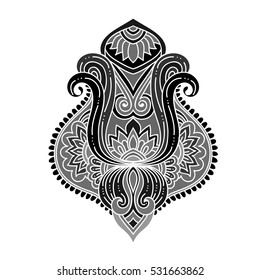 stylized monochrome grey Vector ornamental Lotus flower, ethnic art, patterned Indian paisley. Hand drawn illustration. Invitation element. Tattoo, astrology, alchemy, boho and magic symbol.