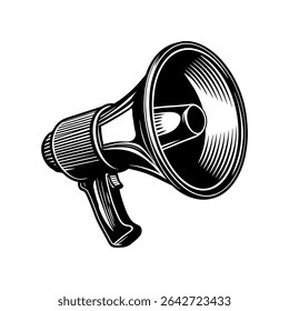 Stylized monochrome icon of a megaphone, ideal for protest or news themes.