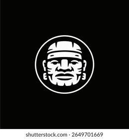 A stylized, monochrome illustration of a man's face, reminiscent of a stone carving or mask, encircled within a simple, circular frame against a black backgr...