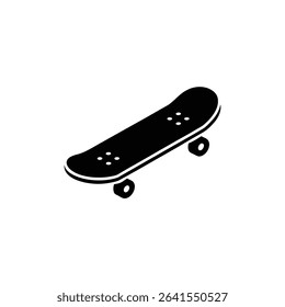 A stylized monochrome image features a solid black skateboard with its four wheels, isolated on a clean white background. It shows a simple graphic illustration style.