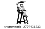 A stylized, monochrome image shows a lifeguard on duty, seated in a high chair and actively using a whistle, representing beach safety and vigilance.