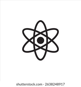 A stylized monochrome line icon of an atom with a nucleus and orbiting electrons. Represents physics, science, and energy. Isolated on a white background.