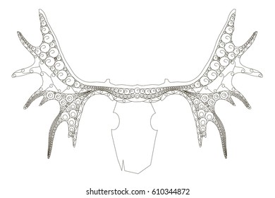 Stylized monochrome moose horns, doodle style anti stress stock vector illustration