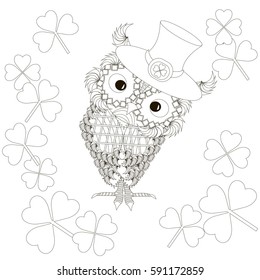 Stylized monochrome owl at hat with clover, doodle style anti stress stock vector illustration