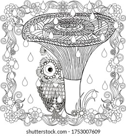 Stylized monochrome owl is hiding under mushroom from the rain in flower frame, doodle style anti stress stock vector illustration