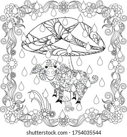 El cerdo monocromo estilizado se esconde bajo hongos de la lluvia en el marco floral, estilo doodle antestrés material gráfico vectorial