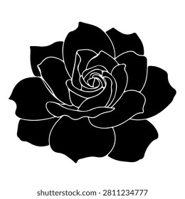 Stylized monochrome rose illustration suitable for artistic projects, design, and decorative purposes with detailed petal outlines.