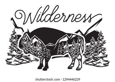 Stylized monochrome vector illustration with bison and forest.