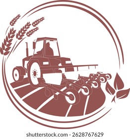 Stylized, monochrome vector illustration of a tractor sowing seeds in a field, tractor with seeder in a field. Concept of modern farm technology.  