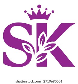 A stylized monogram featuring the letters 'S' and 'K' with a crown on top and leaf-like designs incorporated into the letters. The design is in a vibrant purple color with a transparent background.