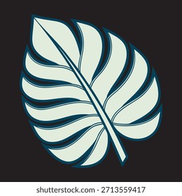 Ilustración estilizada de la hoja de Monstera con relleno verde claro y contorno azul oscuro sobre fondo negro. Perfecto para proyectos de marca, diseño decorativo y arte botánico de temática tropical.