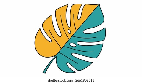 A stylized monstera leaf is split into yellow and teal sections on a white background.