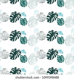 Stylized monstera leaves pattern. Summer seamless pattern with green tropic floral elements on white backdrop.