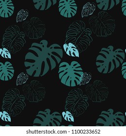Stylized monstera leaves pattern. Summer seamless pattern with green tropic floral elements on black backdrop.