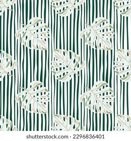 Stylized monstera leaves seamless pattern. Leaf background. Hawaiian rainforest floral backdrop. Exotic jungle plants endless wallpaper. Vector illustration