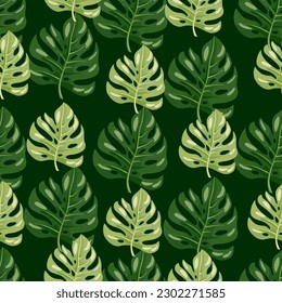 Stylized monstera leaves seamless pattern. Leaf background. Hawaiian rainforest floral backdrop. Exotic jungle plants endless wallpaper. Vector illustration