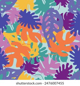 Stylized monstera leaves seamless vector pattern. Perfect for T-shirt, textile and fabric. Decorative vector illustration.