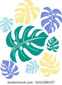 stylized Monstera leaves in various colors, including teal, light blue, yellow, and lavender, arranged against a white background.