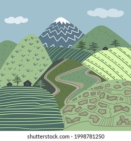 Stylized montain landscape in summer. Vector illustration. 