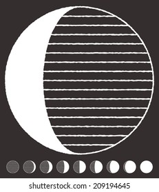 Stylized moon phases design with noisy contours. Vector graphics set. Logo template