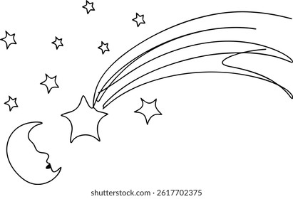 Stylized Moon And Shooting Star In Black And White Outline Illustration