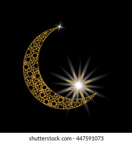 Stylized moon with a star. Ornament in east style. Symbol. Vector illustration