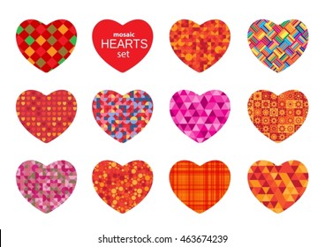 Stylized mosaic hearts set isolated on a white background.