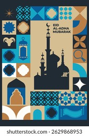 Stylized mosque silhouette with festive Islamic motifs including lantern, palm, sheep and ornaments in flat vector style.